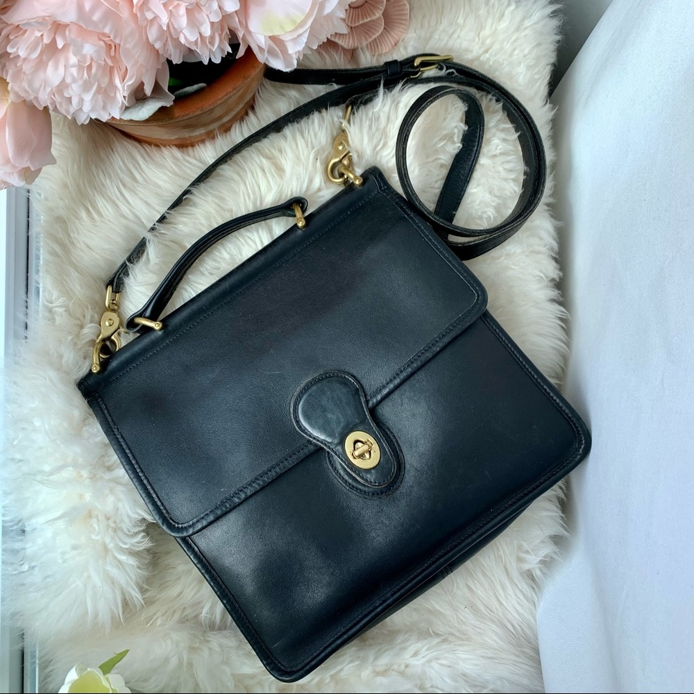 Vintage Coach Medium Black Leather Station Satchel